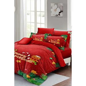 King Size Yılbaşı Süsü Cookie Noel %100 Pamuk Saten 3d Çift Kişilik Nevresim Takımı