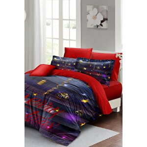 King Size Yılbaşı Nevresim Takım %100 Doğal Pamuk Noel Çift Kişilik Dark