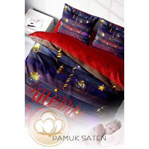 King Size Yılbaşı Nevresim Takım %100 Doğal Pamuk Noel Çift Kişilik Dark