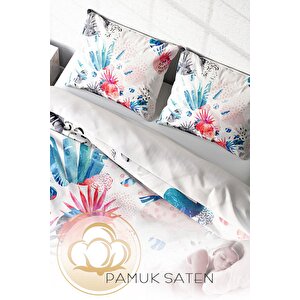 King Size White Tropikal Pamuk Saten Çift Kişilik Nevresim Takımı 3d