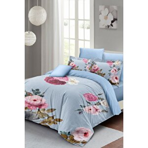 King Size Blue Flower Çift Kişilik Nevresim Takımı 3d Pamuk Saten