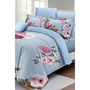 King Size Blue Flower Çift Kişilik Nevresim Takımı 3d Pamuk Saten
