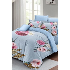 King Size Blue Flower Çift Kişilik Nevresim Takımı 3d Pamuk Saten