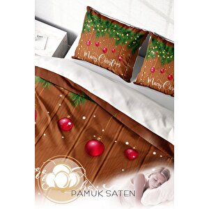 King Size Yılbaşı Süsü Merry Christmas Çift Kişilik 3d Nevresim Takımı Pamuk Saten