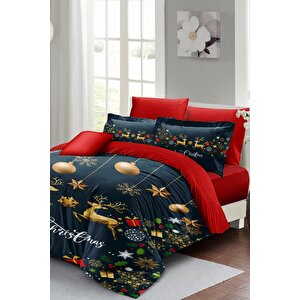 King Size Yılbaşı Süsü Dark Deer Noel %100 Pamuk Saten 3d Çift Kişilik Nevresim Takımı