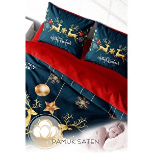 King Size Yılbaşı Süsü Dark Deer Noel %100 Pamuk Saten 3d Çift Kişilik Nevresim Takımı