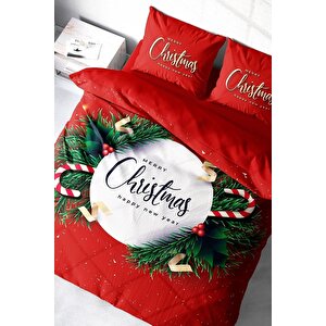 King Size Yılbaşı Süsü Green Christmas Noel %100 Pamuk Saten 3d Çift Kişilik Nevresim Takımı