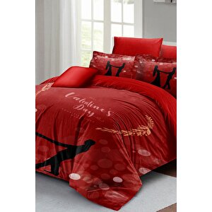 King Size Sevgililer Günü Çift Kişilik Nevresim Takımı%100 Pamuk Saten Valentine's Day