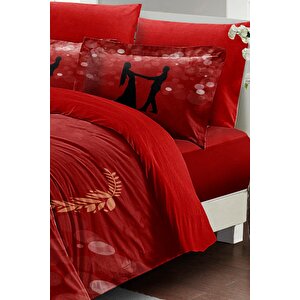 King Size Sevgililer Günü Çift Kişilik Nevresim Takımı%100 Pamuk Saten Valentine's Day
