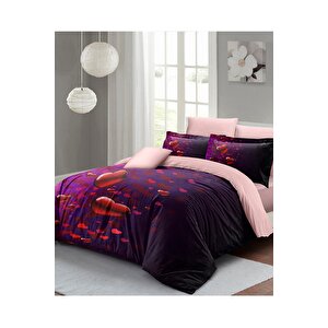 King Size Sevgililer Günü Çift Kişilik Nevresim Takımı%100 Pamuk Saten Purple Love