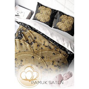 King Size Bitcoin 1 3d Pamuk Saten Çift Kişilik Nevresim Takımı