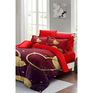 King Size Sevgililer Günü Çift Kişilik Nevresim Takımı%100 Pamuk Saten Shine Love