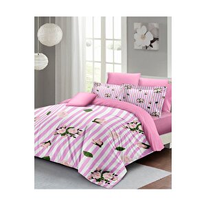 King Size Çift Kişilik Nevresim Takımı %100 Pamuk Saten Naturel Roses