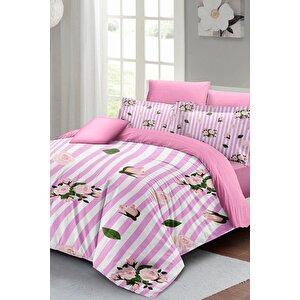 King Size Çift Kişilik Nevresim Takımı %100 Pamuk Saten Naturel Roses