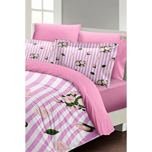 King Size Çift Kişilik Nevresim Takımı %100 Pamuk Saten Naturel Roses