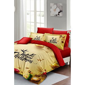 King Size Yılbaşı Süsü Yellow Noel %100 Pamuk Saten 3d Çift Kişilik Nevresim Takımı