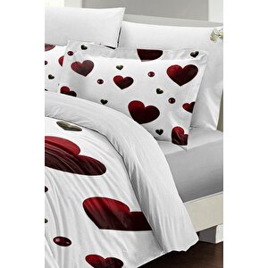 King Size White Love 3d Pamuk Saten %100 Pamuk Çift Kişilik Nevresim Takımı