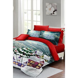 King Size Yılbaşı Süsü Dream House Noel %100 Pamuk Saten 3d Çift Kişilik Nevresim Takımı