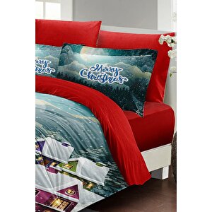 King Size Yılbaşı Süsü Dream House Noel %100 Pamuk Saten 3d Çift Kişilik Nevresim Takımı
