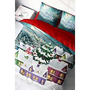 King Size Yılbaşı Süsü Dream House Noel %100 Pamuk Saten 3d Çift Kişilik Nevresim Takımı