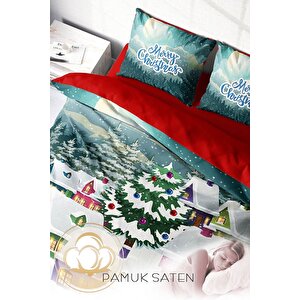 King Size Yılbaşı Süsü Dream House Noel %100 Pamuk Saten 3d Çift Kişilik Nevresim Takımı