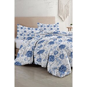 King Size Çift Kişilik Nevresim Takımı %100 Pamuk Saten Tuval Shadow Flowers Blue