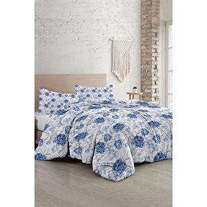 King Size Çift Kişilik Nevresim Takımı %100 Pamuk Saten Tuval Shadow Flowers Blue