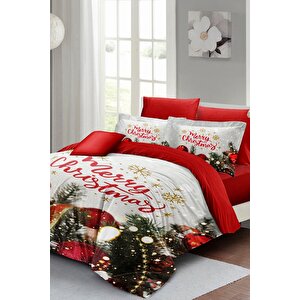 King Size Yılbaşı Nevresim Takım %100 Doğal Pamuk Saten Noel Çift Kişilik Noel
