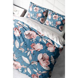 King Size Pamuklu Çift Kişilik Nevresim Takımı Natura Rose Blue