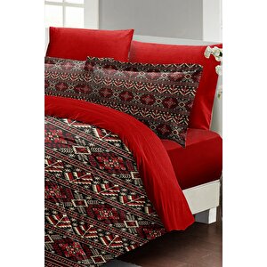 King Size Çift Kişilik Nevresim Takımı %100 Pamuk Saten Red Old Design