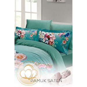 King Size Çiçekli Turkuaz Çift Kişilik Nevresim Takımı 3d Pamuk Saten