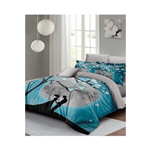 King Size Sevgililer Günü Çift Kişilik Nevresim Takımı%100 Pamuk Saten Blue Dream