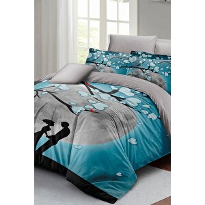 King Size Sevgililer Günü Çift Kişilik Nevresim Takımı%100 Pamuk Saten Blue Dream