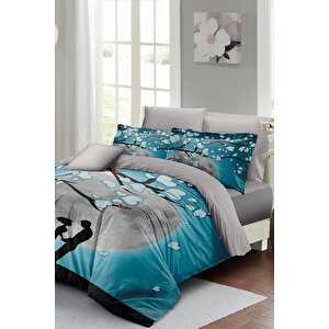King Size Sevgililer Günü Çift Kişilik Nevresim Takımı%100 Pamuk Saten Blue Dream