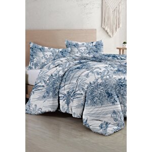 King Size Çift Kişilik Nevresim Takımı %100 Pamuk Saten Tuval Tropical Island Indigo