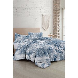 King Size Çift Kişilik Nevresim Takımı %100 Pamuk Saten Tuval Tropical Island Indigo