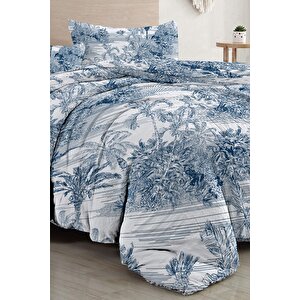 King Size Çift Kişilik Nevresim Takımı %100 Pamuk Saten Tuval Tropical Island Indigo