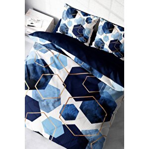 King Size Blue Hexagon 3d Pamuk Saten Çift Kişilik Nevresim Takımı