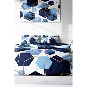 King Size Blue Hexagon 3d Pamuk Saten Çift Kişilik Nevresim Takımı