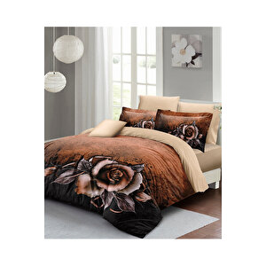 King Size Nevresim Takımı %100 Doğal Pamuk Çift Kişilik 3d Digital Copper Rose