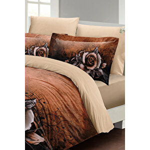 King Size Nevresim Takımı %100 Doğal Pamuk Çift Kişilik 3d Digital Copper Rose