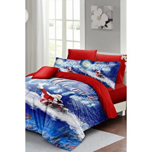 King Size Yılbaşı Süsü Blue Noel %100 Pamuk Saten 3d Çift Kişilik Nevresim Takımı