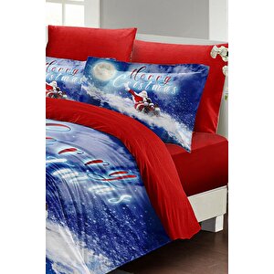 King Size Yılbaşı Süsü Blue Noel %100 Pamuk Saten 3d Çift Kişilik Nevresim Takımı