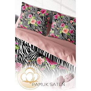 King Size Zebra Flower 3d Pamuk Saten Çift Kişilik Nevresim Takımı