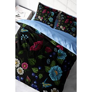 King Size Flower Black 3d Pamuk Saten Çift Kişilik Nevresim Takımı