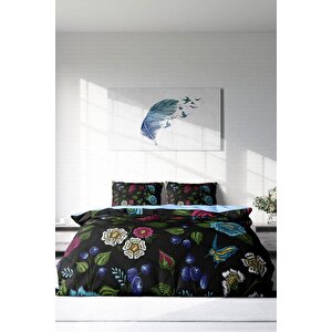 King Size Flower Black 3d Pamuk Saten Çift Kişilik Nevresim Takımı