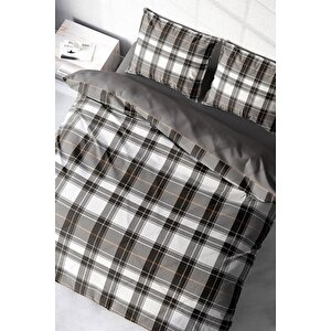King Size Grey Ekose 3d Pamuk Saten Çift Kişilik Nevresim Takımı
