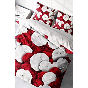 King Size White & Red 3d Pamuk Saten Çift Kişilik Nevresim Takımı