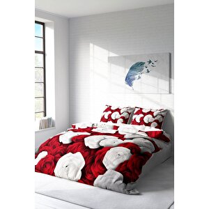 King Size White & Red 3d Pamuk Saten Çift Kişilik Nevresim Takımı