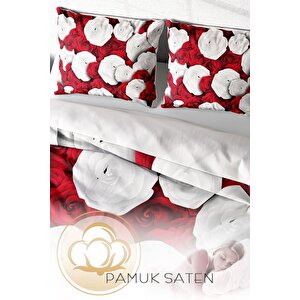 King Size White & Red 3d Pamuk Saten Çift Kişilik Nevresim Takımı
